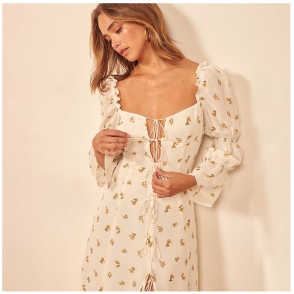 Boho Cream Floral print lace up midi Slit Dress - Picture 7 of 7